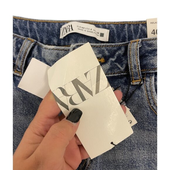 Zara Womens Crop Jeans EU 40 US 8 Relaxed Fit Blue Denim Distressed 8228/221 NWT - Picture 9 of 16